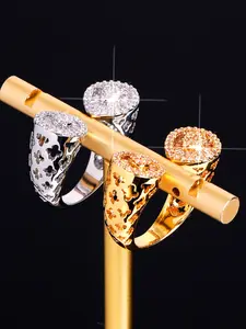 Exquisite Charm 18k Gold-Plated Copper Zircon Ring, Hollowed-Out Flower Design, Geometric Teardrop-Shaped, Open Ring for Men Women, Statement Ring