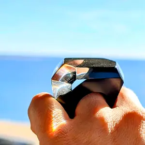 Black Diamond Sculptural Ring Statement Unisex Acrylic Ring Size USA 9.5 Size EU 19.5 "Unleash your bold style with this Obsidian Hex Statement Ring. Handcrafted with striking facets, this piece is pure wearable modern art! Available in US size 9.5 (EU 19
