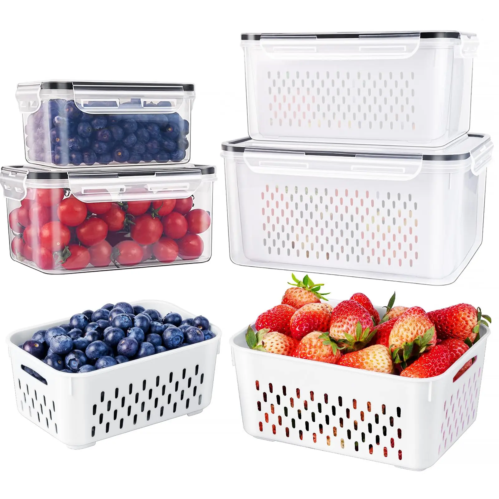 4 PCS Fruit Storage Containers for Fridge - Leakproof Food Storage Containers with Removable Colander - Dishwasher & microwave safe Produce Containers Keep Fruits, Vegetables, Berry, Fresh Longer