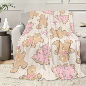 Flannel Blanket, Christmas Theme Pink Gingerbread Biscuit Pattern, Can Be Used for Sofa, Lunch Break, Travel, Holiday Gift,