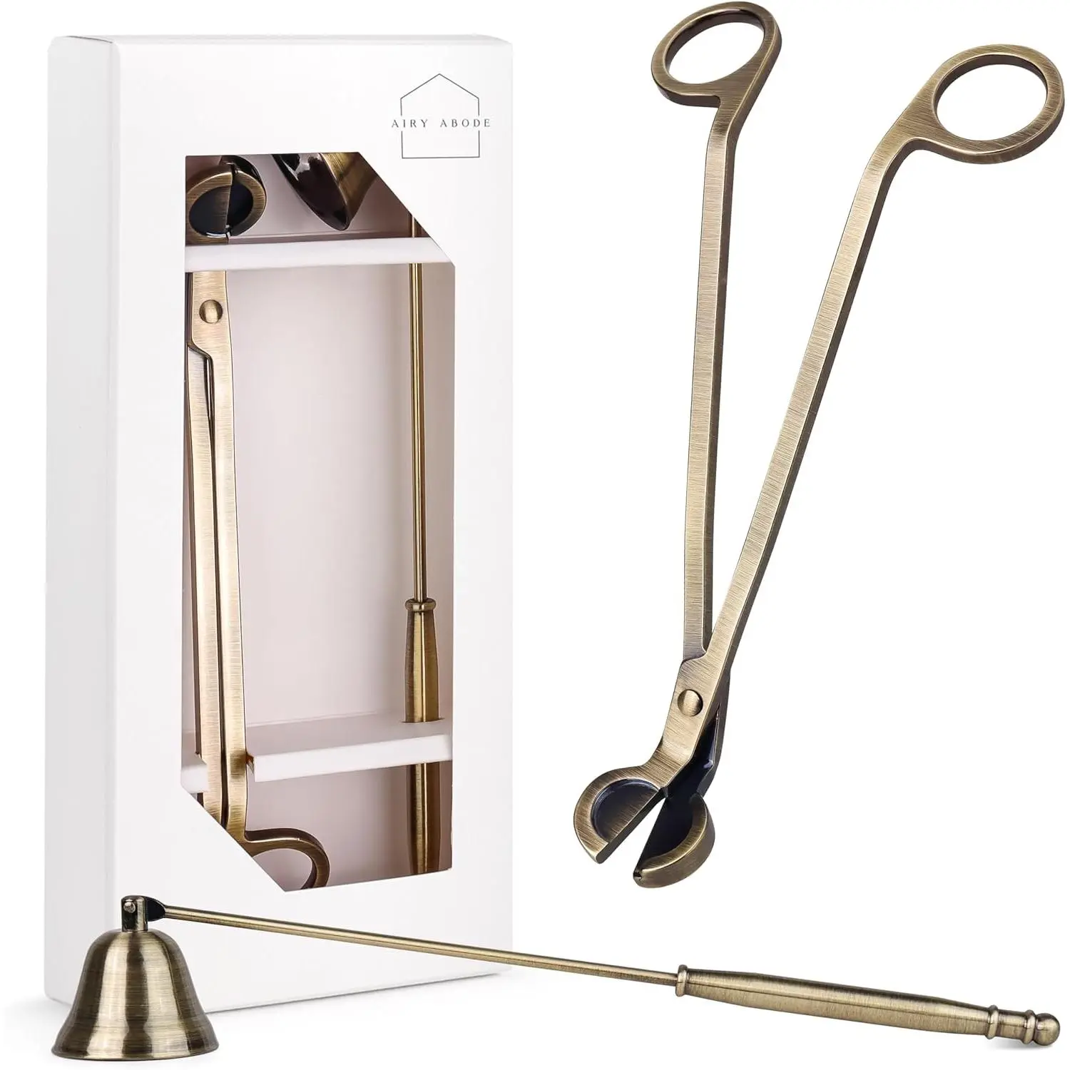 Airy Abode Candle Snuffer and Wick Trimmer Set, Bell Snuffer Gift Box, Stainless Steel Candle Care Accessory for Home Decor, Brushed Gold
