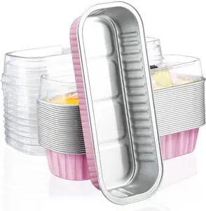 Sturdy Thick Transparent Pink Aluminum Mini Loaf Pans with Lids, 30pcs 6.8oz 6.5"x2.5"x1.2" Smooth Waterproof Foil Bakeware, Disposable-Reusable Indoor Oven Ramekins for Birthday Dessert Cheesecake