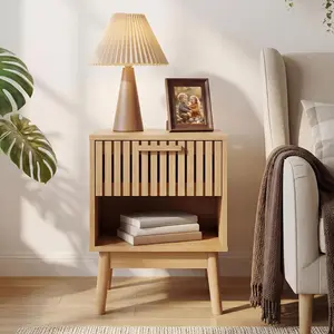 Boho Nightstand with Drawer, Modern Compact Wood Side Table with Open Storage Shelf, Small End Table for Bedroom, Living Room and Dorm