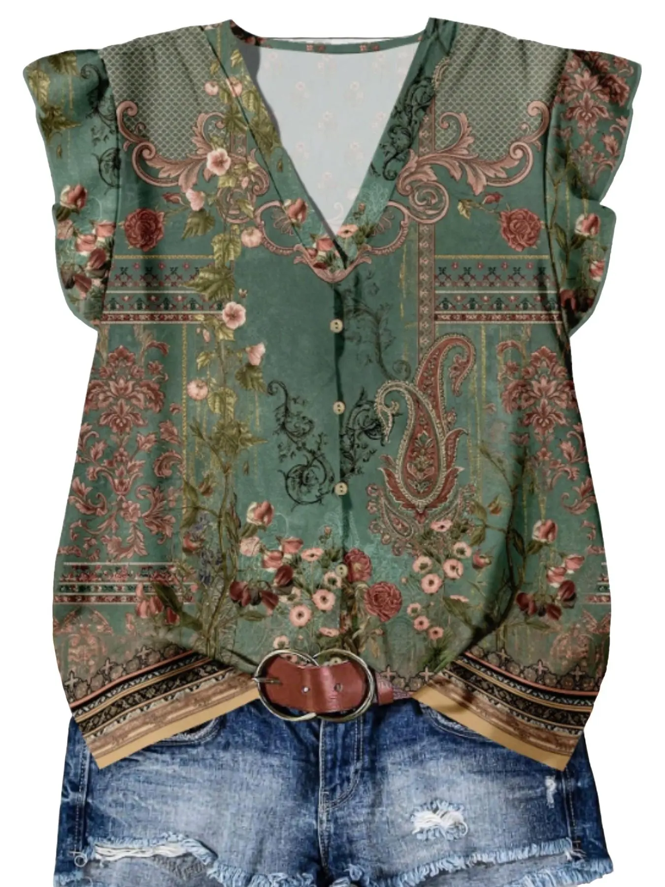 Women's Summer New Vintage Casual Fashion V-Neck Floral Hem Short Sleeve Versatile Regular Fit Digital Print Top Blouse Shirt