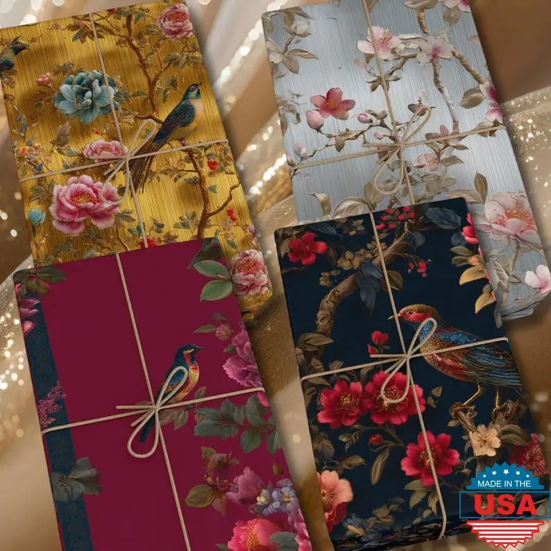 Chinoiserie Gift Wrap: Golden, Silver, Pink & Blue, Holiday Paper