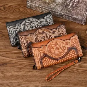 Women's Vintage Genuine Leather Long Wallet - Embroidered Clutch, Large-Capacity Card Holder Purse for Sports & Outdoor Protective Gear Storage, Embroidery