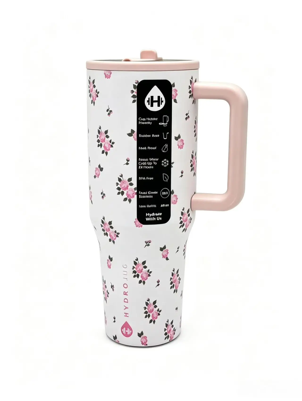 HydroJug 40oz Insulated Stainless Steel Tumbler, Dainty Pink Rose Floral, Matching Blush Handle & Flip Straw Lid, Leakproof Travel Mug, Non-Slip Rubber Base, Cup Holder Friendly Summer Portable Drinkware