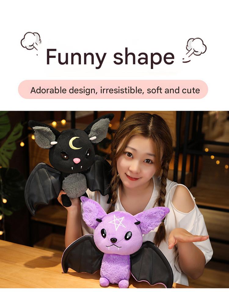 Cute Goth Bat Plush Pillow Pentagram & Moon Bat Stuffed Toy Decor for Bedrooms