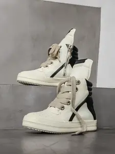 Unisex Black-White Versatile High-Top Leather Platform Casual Sports Shoes: Light Trendy Sports Style, Black-White Tone, High-Top Platform Structure, Leather Material. Ideal for Daily Social & Sports Styling.