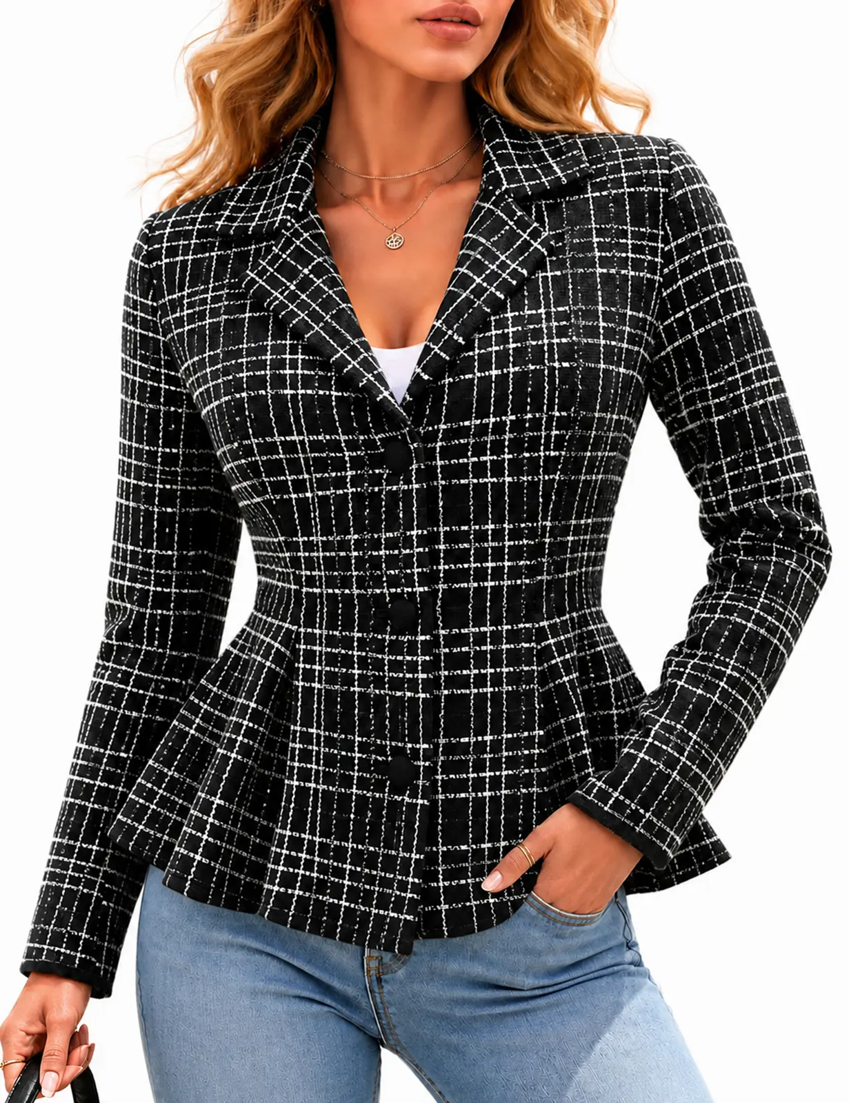 VIMPUNEC Womens Plaid Peplum Sweater Blazer Button Cardigan Jacket Notched Lapel, Dressy Casual, Fall Transition Layer, Smart Casual Wear, Zoom Ready, Refined Look, Easy Styling, Long Sleeve