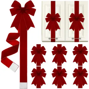 4 Pcs or 8 Pcs Soft Velvet Red Christmas Housewarming Kitchen Gifts Cabinet Ribbons Bows Home Decor Holiday Festive Party Supplies Set
