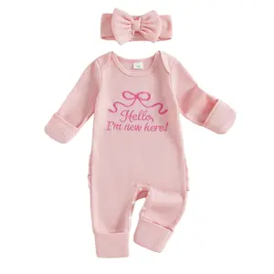 Hello I'm New Here Infant Baby Girls Romper Jumpsuit Ruffle Long Sleeve Waffle Knit Onesie Bodysuit Newborn Coming Home Outfit