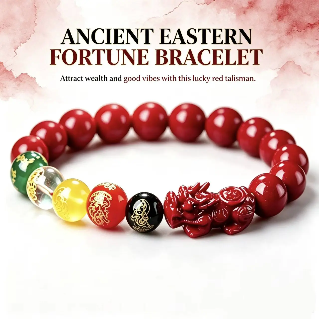 5-Element Feng Shui Bracelet - Red Cinnabar Mineral Stone Beads with Pixiu Guardian Beast & Fortune Charm, Gothic Street Arm Candy Accessories for Eastern Wealth Attraction