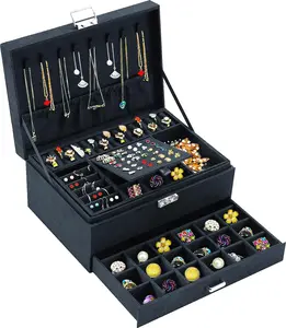 QBestry Black Velvet Jewelry Box with Lock & Key - 36 Pierced Earring Holes, 16 Ring Holders, 30 Dangle Earrings, Adjustable 27 Earring Organizer, Large Capacity Storage Case for Necklaces, Bracelets, Earrings, and Rings
