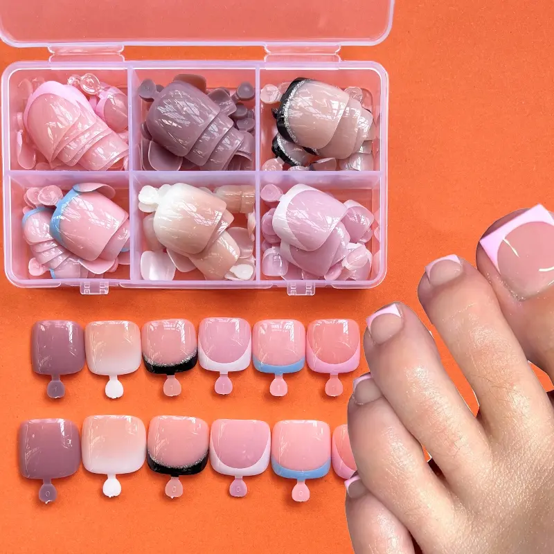 144 Pcs/6 Sets French Short Square Full-Coverage Glossy Press-On Toenails, 6 Different Styles, False Toenail Sets, Gift for Women
