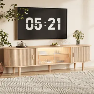 70" TV Stand with RGB LED Lights, Mid Century Modern Acrylic Sliding Doors & Ample Storage, Tall Legs for Living Room Entertainment Center, Stylish Wood Media Console Cabinet