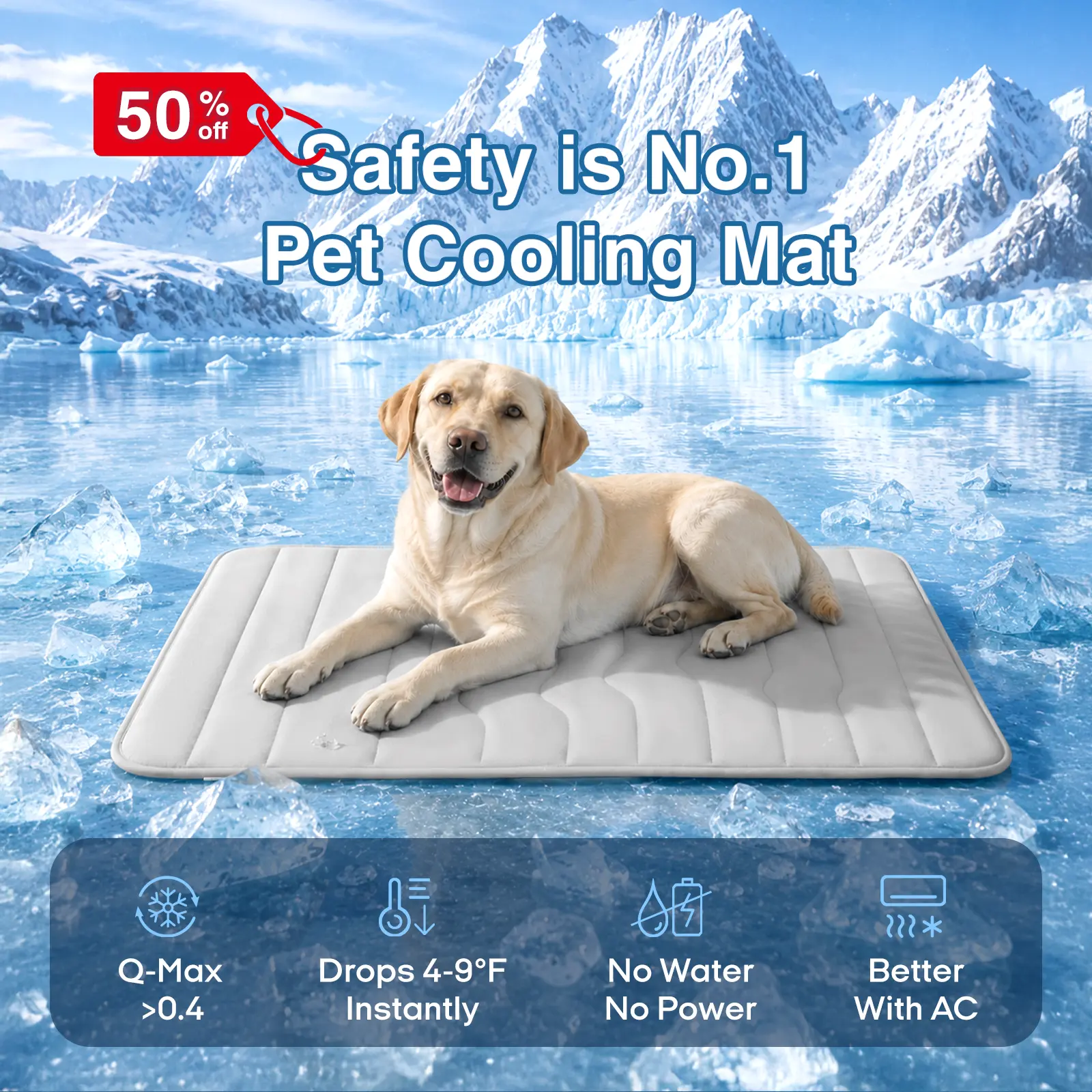 Vagascape Eco-Friendly Gel-Free Cooling Pet Mat for Large Dogs - Nylon & Cotton Geometric Design, 1in Thick, Chew-Resistant, No Water/Power, Portable with Fold & Go Handle, Machine-Washable, Plush Grip Reduces Sliding, Better with AC, Hike Use, 1 Inch Thi