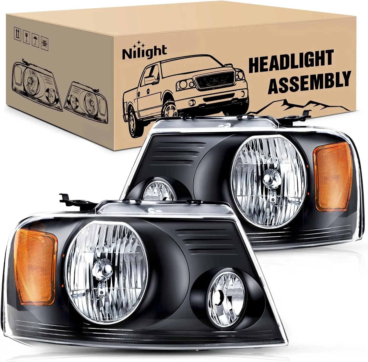 Nilight 2004 2005 2006 2007 2008 F150 Headlights, headlight assembly for 2006 Lincoln Mark LT Black, Headlights Replacement kit,Black Housing Amber Reflector Clear Lens