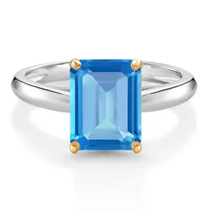 Gem Stone King 925 Silver and 10K Yellow Gold 9X7MM Emerald Cut Gemstone Birthstone Engagement Ring | Wedding Anniversary Promise Ring For Women | Available In Size 5, 6, 7, 8, 9
