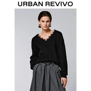 URBAN REVIVO Women's Elegant Knitwear Top - Lace Trim V-Neck Long Sleeves Tops, SKU UWM950141