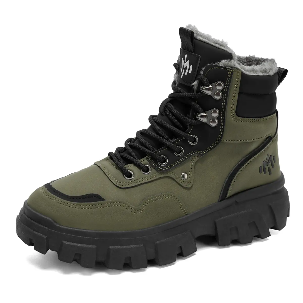 Ultra Warm Fleece Fur Lined Platform Military Combat Boots For Men, Water Resistant Lace Up High Top Ankle Snow Boots, Rugged Deep Lug Anti Slip Sole Cold Weather Hiking Construction Outdoor Work Boots
