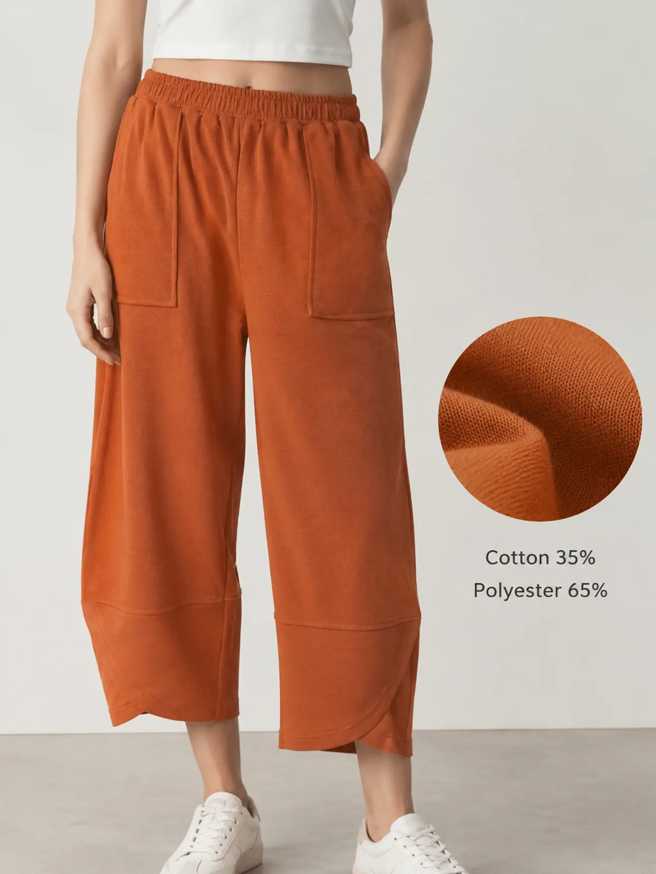 Women’s Elastic Stretch Cotton-Poly Blend Lantern Pants - Solid Plain, Wide Leg, Large Pockets, Flare Split - Year Round Lounge Pants for Home & Out (Rust Orange, Dusty Blue)