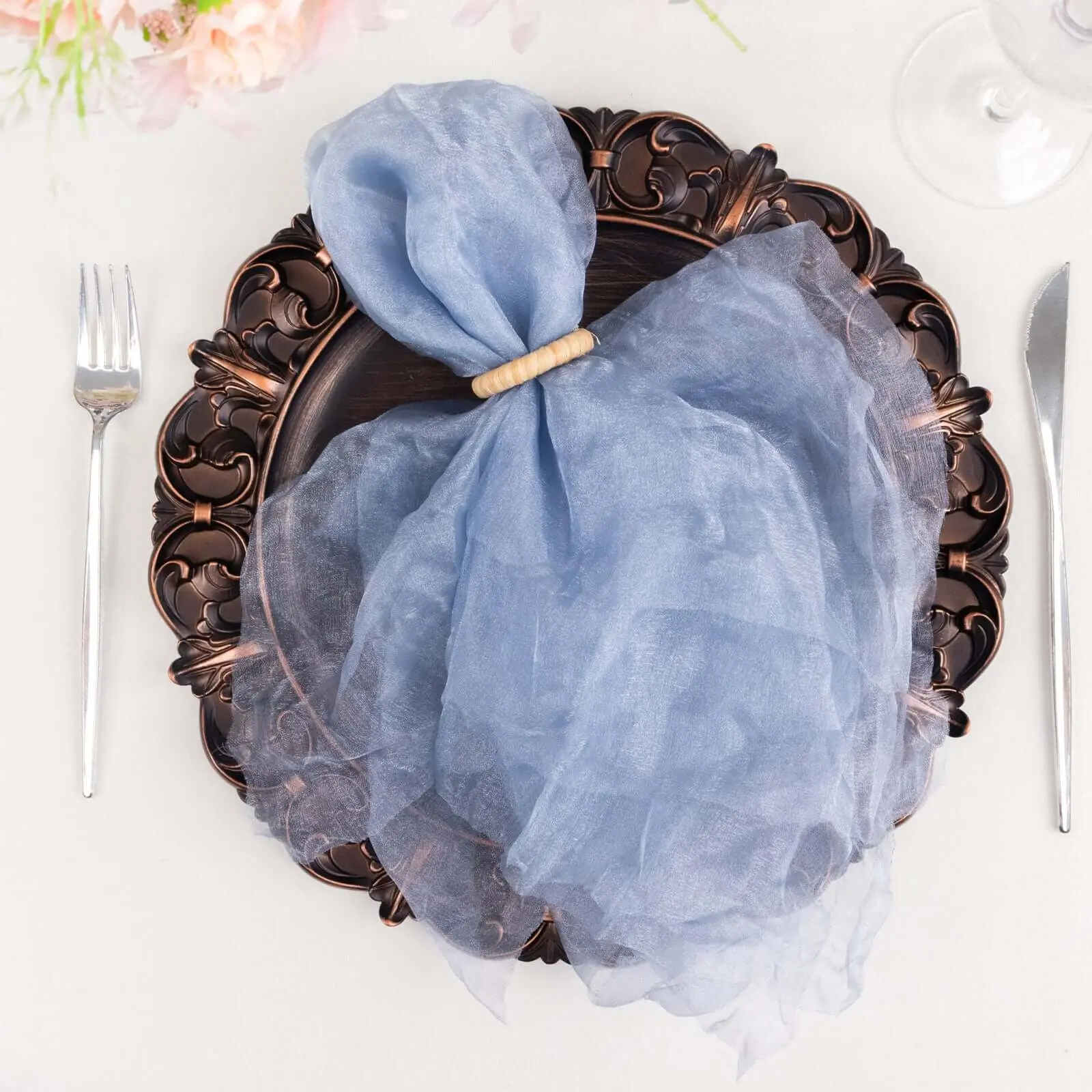 5-Pack Square Shape Crinkled Look Dusty Blue Organza Tableware Napkins, 21"x21" Sheer Lightweight Napkins for Birthday, Hand Wash Care, Dinnerware