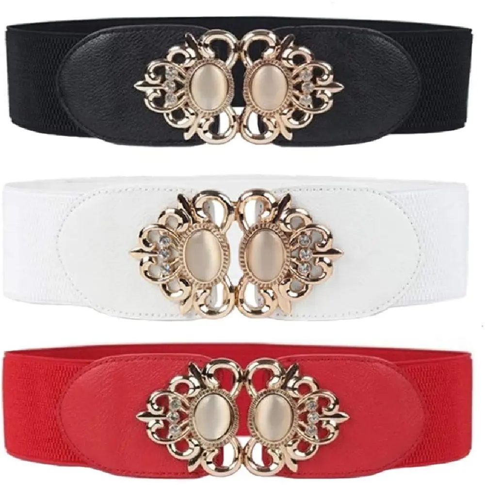 Women's 3-Pack Vintage Stretchy Wide Elastic Fashion Belts - Adjust-Fit Cinch Waist Belts for Party Dresses, Shirts, Suits (Black, White, Red), Fashion Belt, Adjust-Fit Women's Belts