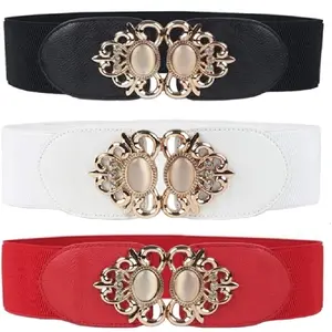 3 Pack Women's Stretchy Belts for Party Dresses Shirt Vintage Elastic Wide Waist Belts Suit Versatile Waist Cinching Belt in Black White Red