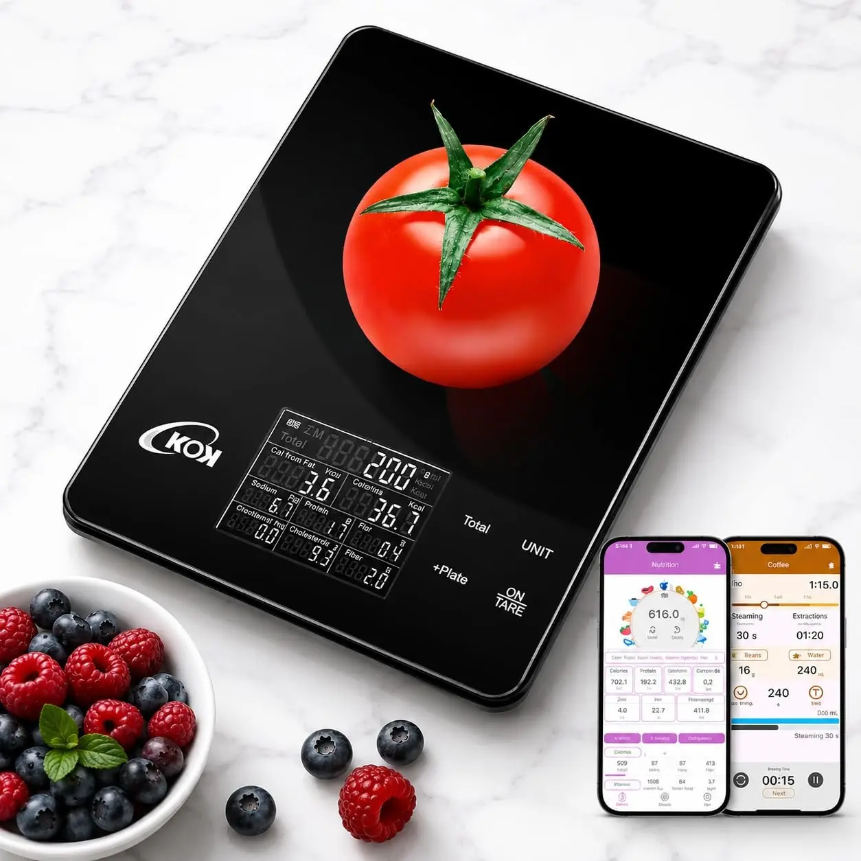 KOK Smart Food Scale with 30 Nutritional Calculator, Coffee Timer Function APP, Track Calorie, Macro, Carb for Weight Loss Keto and Diabetic, Espresso Scale Weight Grams and Ounces 5 Unit 1g/0.05oz