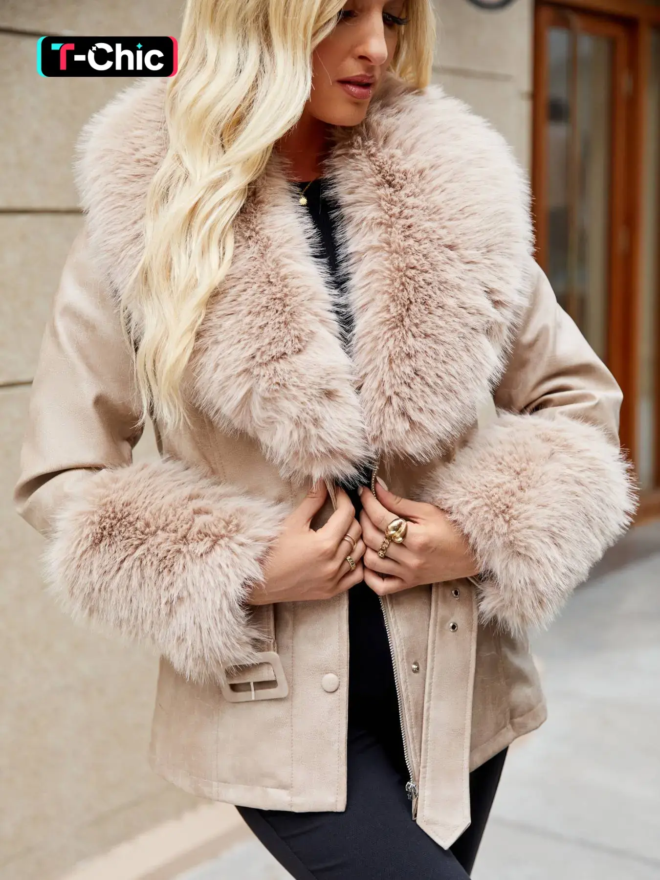 Women's Fall Winter PU Fabric Jacket, Vintage Casual Elegant Outerwear, Fitted Style with Belt, Synthetic Faux Fur Detail, Daily Wear Everyday Coat, Womenswear