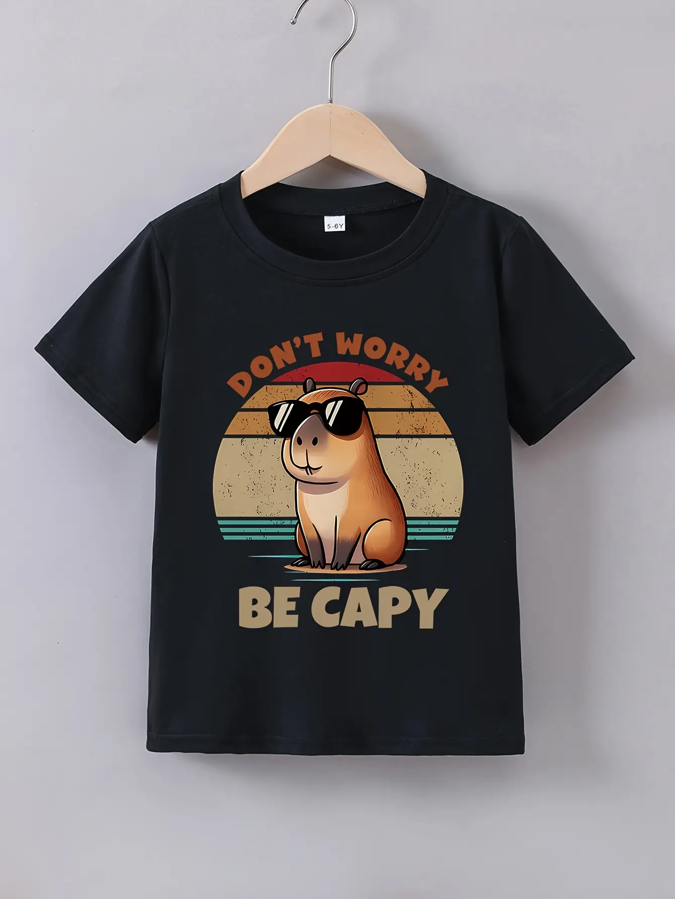 Toddler Boys' Capybara Cotton Toddler Tee - Funny "Don't Worry Be Capy" Slogan, Retro Vintage Sunglasses Cartoon Print, Animal-Themed Fitted Kids' Top, Graphic, T-Shirt, Cartoon Style, Playful, 4-5Y, 6-7Y, Letter Slogan, 3-4Y, 2 - 3 Years, 5-6Y