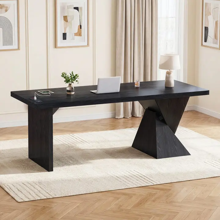 SIKAIC Modern Executive Computer Desk - 27.6"d x 70.9"w x 29.5"h, Black Home Office Desk with Built-In Power Outlet, Large Work Surface, Assembly Required, Home Office Desks, Executive Desk