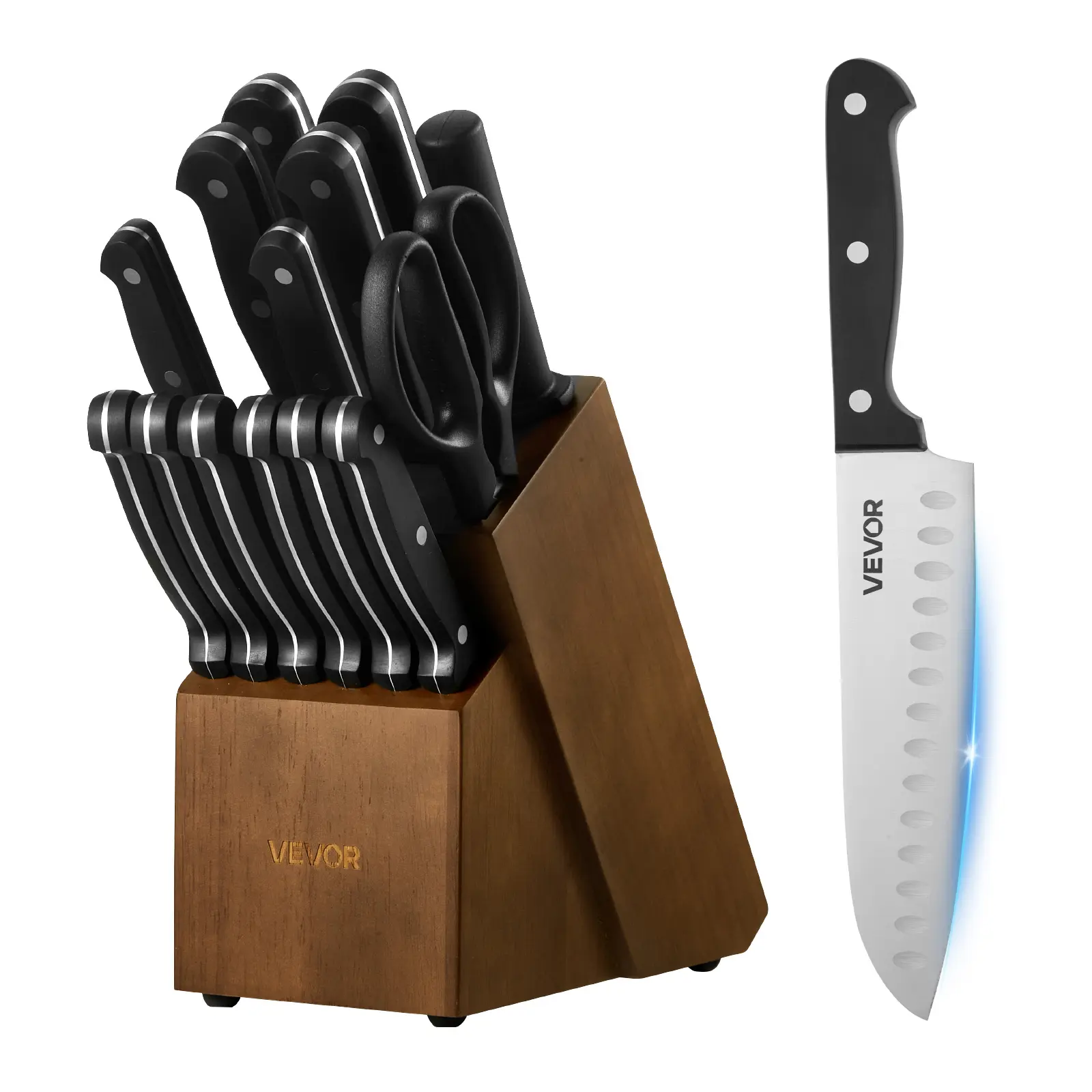 VEVOR Kitchen Knife Set with Block and Sharpener, 15 Piece German High Carbon Stainless Steel Knife Set, Kitchen Cutlery with ABS Ergonomic Handle, Sharpening Rod and Wooden Block, for Home Cooks