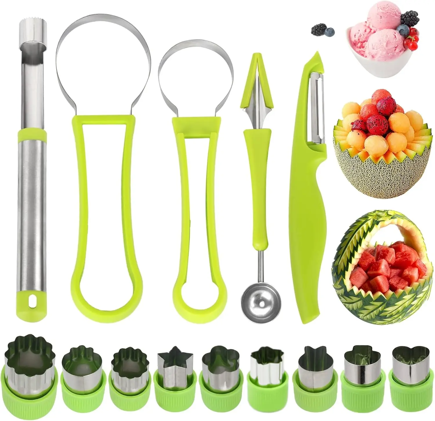 1 Set Fruit Carving Tools Set, 4-in-1 Fruit Cutter Shapes, Stainless Steel Slicer, Melon Baller, Seed Remover, Peeler, Kitchen Gadgets for Easy Fruit Preparation and Perfectly Shaped Fruit