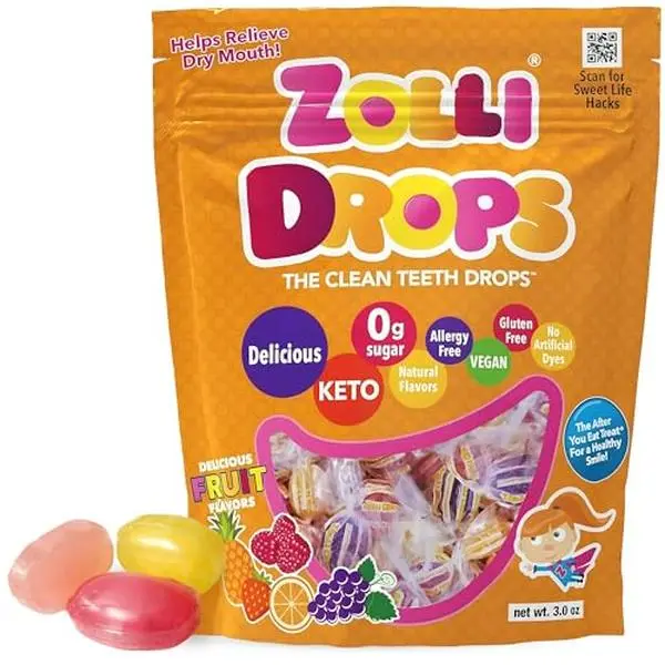 Zolli Drops Sugar Free Candy with Xylitol, Dye-Free Lollipops - Keto & Diabetic-Friendly, Dentist-Approved Treats for Kids (Natural Fruit Flavors, 3 oz)