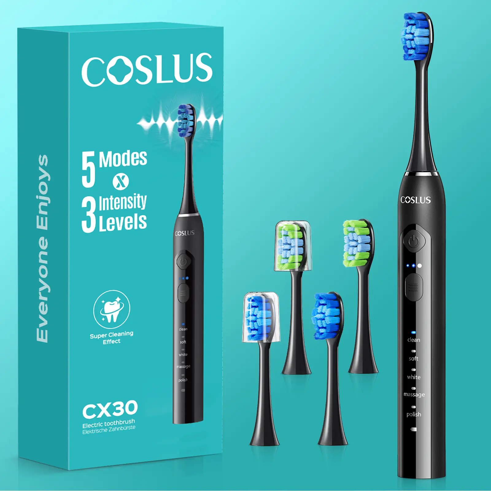 COSLUS C30 Sonic Electric Toothbrush, Brightening Teeth Cleaner & Plaque Remover with 5 Modes, 3 Intensities, 4 Heads & Fast Charging for Sensitive Teeth, Cleansing, Waterproof, Fastcharging, Dupont Bristles