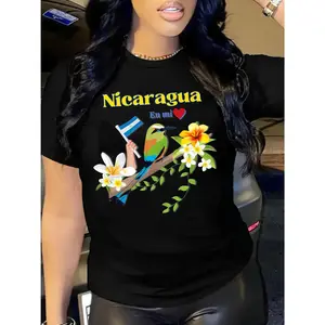 Women'S Nicaragua Graphic T-Shirt - Vibrant Floral & Bird Design, Short Sleeve Crew Neck, Lightweight Casual Top for Spring & Summer, Brown with Colorful Print, Perfect for Casual Attire, Casual Summer Wear | Vibrant Print Top | Lightweight Fabric