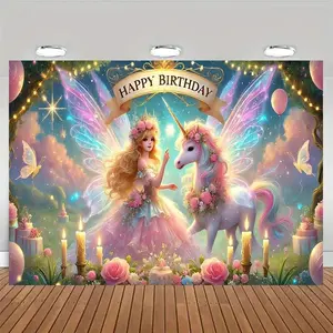 Fairy & Unicorn Pattern Birthday Party Banner Multicolor Backdrop for Indoor & Outdoor Events Lightweight High-Quality Materials Easy Installation Perfect for Gifts