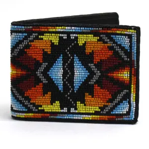 Handmade beaded Native American style genuine leather Men's bifold Wallet/purse - Black Multicolor Aztec