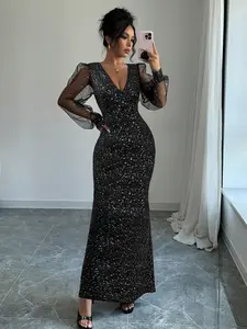 Elegant Sequined Mesh Bubble Sleeve Dress, Luxurious Light Luxury Style, Transparent Sleeves for Layered Look, Perfect for Evening Parties