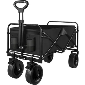 Collapsible Folding Wagon Cart, Large Capacity Outdoor with All-Terrain Wheels & Side Pockets for Camping, Picnic, Fishing Activities, Black