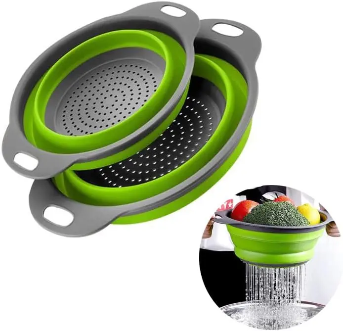 Foldable Colander Green, Collapsible Fruit Vegetable Strainer basket  with Holes, Fast Draining Kitchen Wash Basin for Rinsing Berries Salad – For Home Kitchen Daily Use