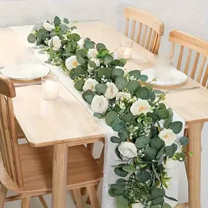70-Inch Eucalyptus and Rose Garland, Artificial Eucalyptus Garland - Faux Floral Garland, Plastic Flower Vine for Home Decor, Wedding, Engagement Table Decoration, Ideal for Party Tables and Indoor Wall Backdrops