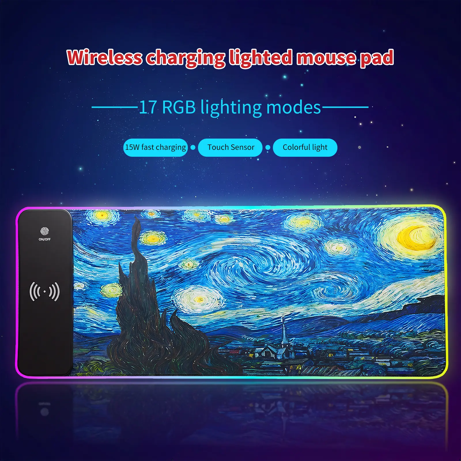 GAMINJA LED Mouse Pad with Wireless Charger - 15W Fast Charging, 17 RGB Lighting Modes, Starry Night Design, Extra Large Non-Slip Rubber Base Computer Keyboard Mat for Gaming, PC, Laptop, Colorful Light