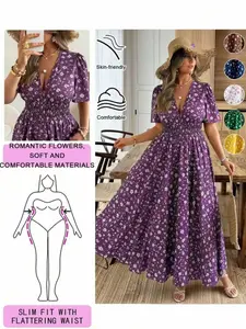 Plus Size French Floral Maxi Dress with Deep V-Neck and Waist-Cinching Short Sleeves, Long Summer Dress for Vacation and Casual Wear