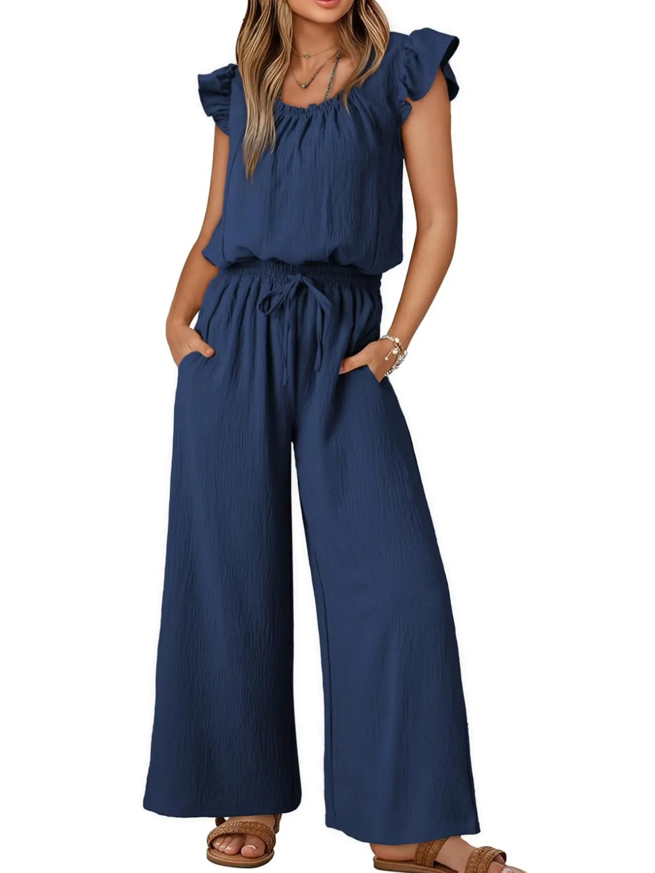 Fashion Aesthetic Solid Color Adjustable Drawstring Ruffle Short Sleeve Top, One-Piece Straight Leg Wide Leg Pants, Casual Streetwear Style, Summer, Womenswear