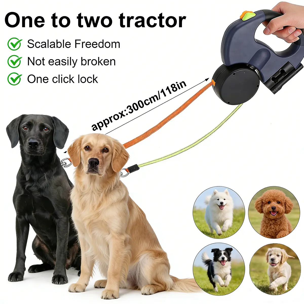 PAWHM 3M Double Dog Leash - Retractable Lead for 2 Small Dogs, Tangle-Free  with LED Light