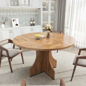 47" Round Dining Table for 4-6 People, Modern Farmhouse Kitchen Table with Storage Shelf, Adjustable Feet & Easy Assembly – Walnut