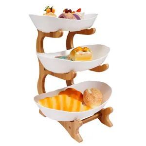 3-Tier Fruit Bowl Set with Bamboo Wood Stand, Food-Grade PP Yuanbao Shaped Bowls & Tiered Serving Platter, Stackable & Space-Saving Fruit Basket for Snacks, Candy, Dessert, for Home Kitchen, Party, Wedding, Festival Table Decor